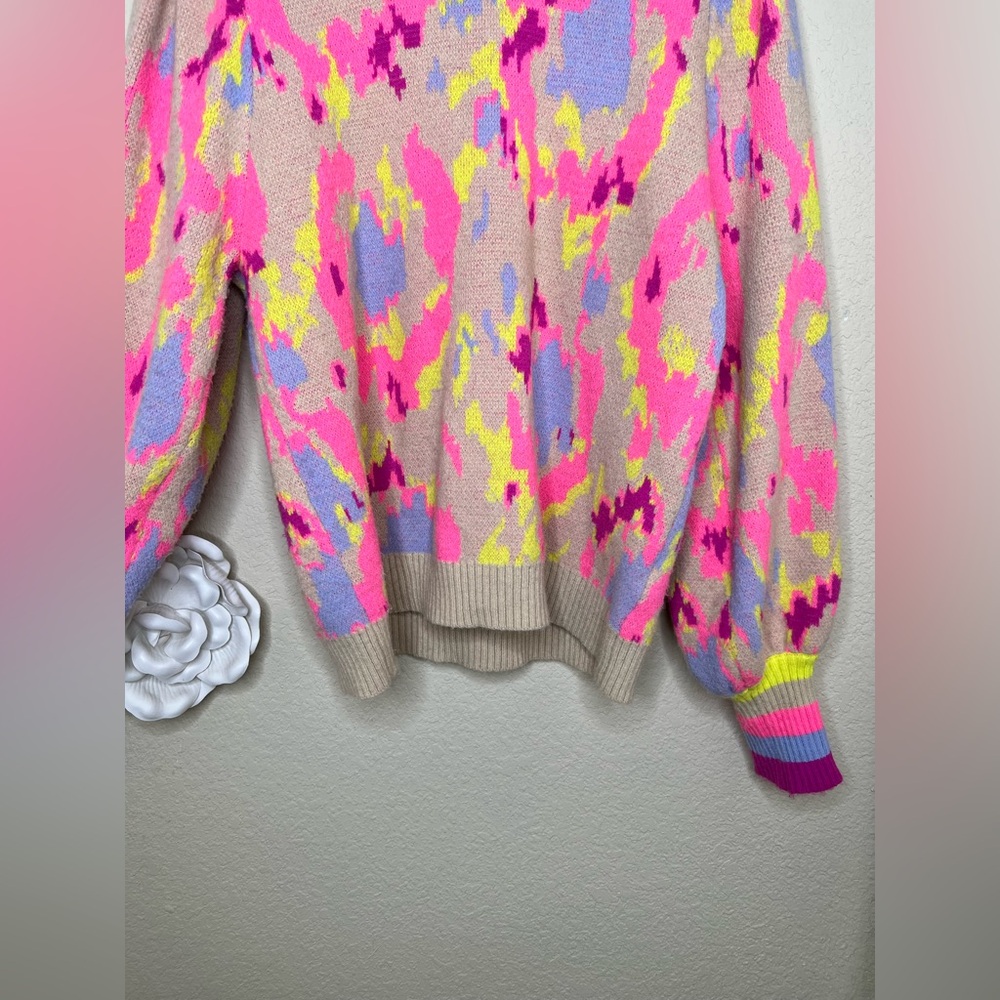 NTM Jodifl Abstract Print Sweater Neon Pink Taupe Balloon Sleeve Pullover Size L - Picture 5 of 16
